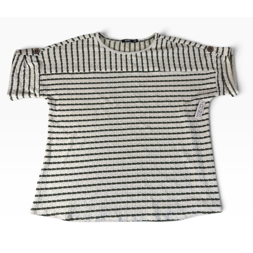 Cure Women’s Textured Short Sleeve Shirt Striped Button Epaulets 3XL NWT